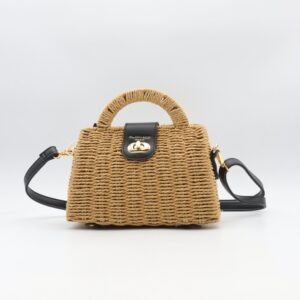 Vue de face petit sac en paille avec bandoulière soir et fermeture tourniquet