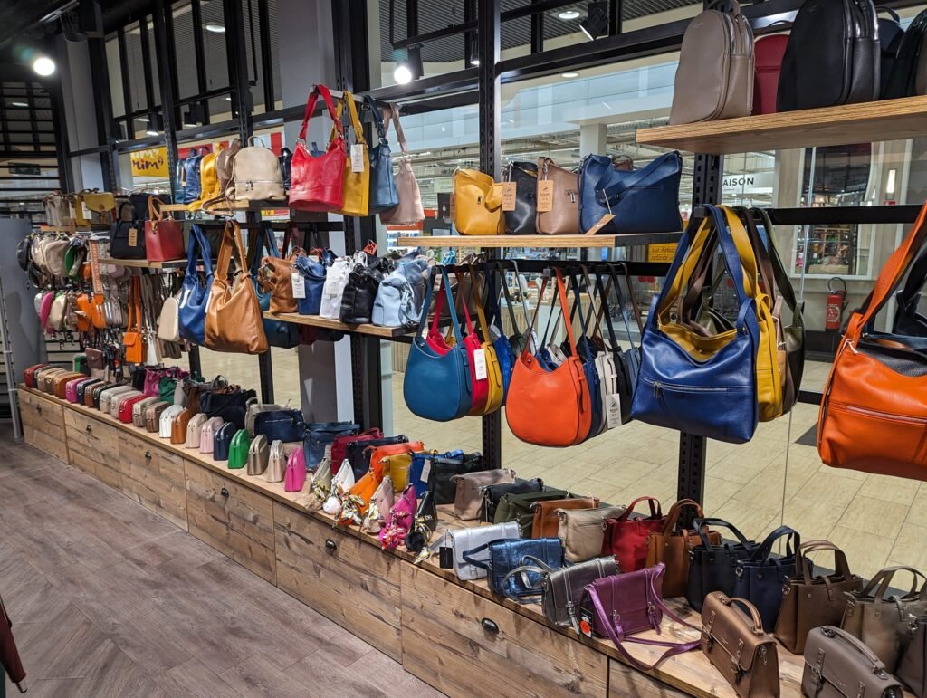 Portant avec les sacs et accessoires en présentation dans la boutique de Lanester