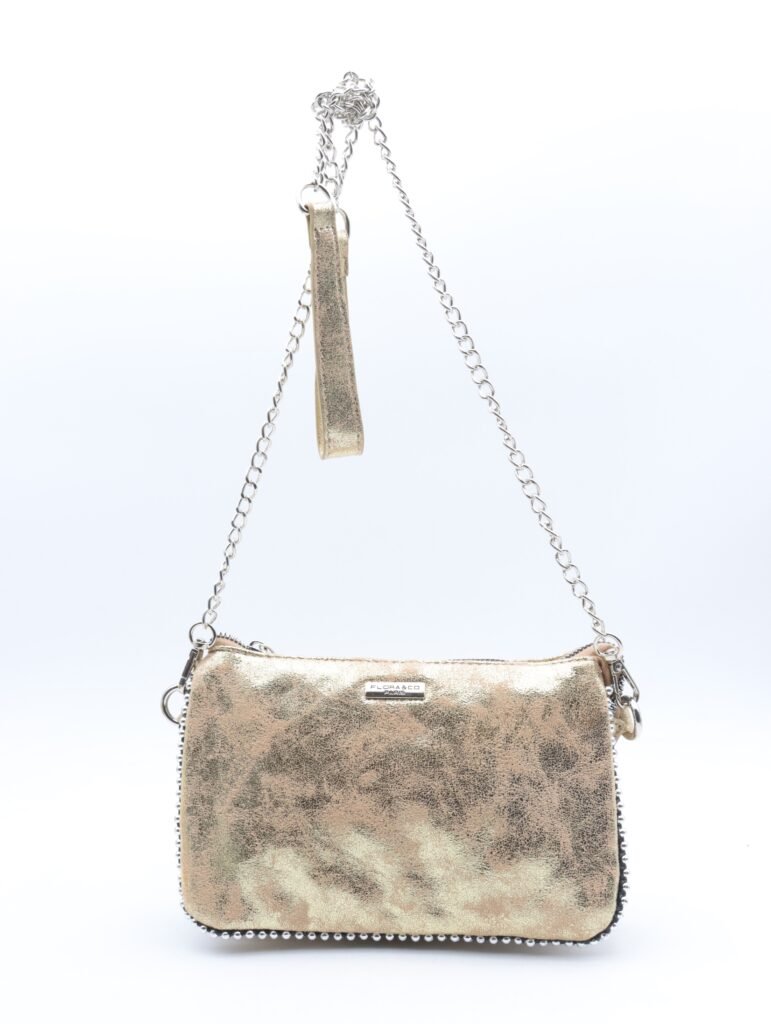 Sac bandoulière métallisé à perles Flora & Co – 3 compartiments